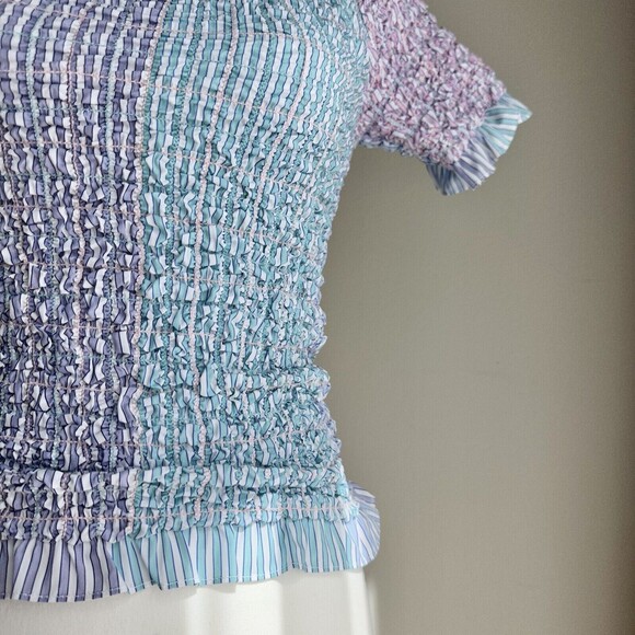 Petersyn Kinsey Top Ruffle Smocked Off The Shoulder Blue Pink Vacation XS NWT - Picture 8 of 9